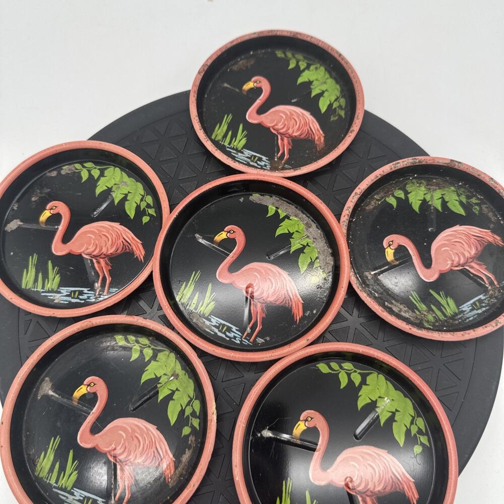 Vintage MCM 8 Pc Pink Flamingo Coaster Set - Picture 4 of 6
